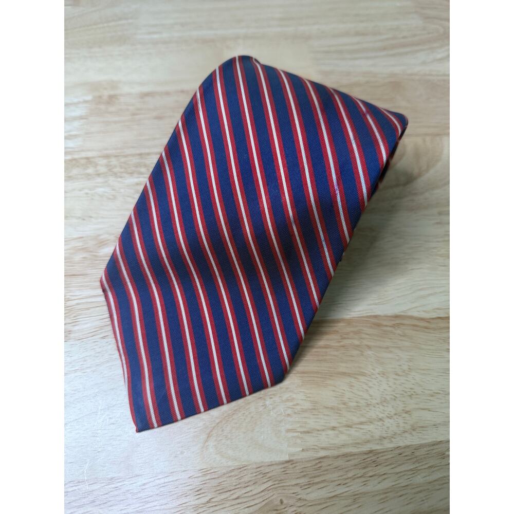 Hickey Freeman Men's Silk Neck Tie Navy Blue Red Silver Stripes